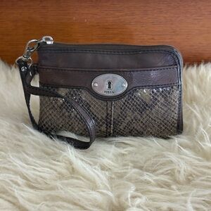 Fossil Brown Leather Snake Print Wallet Clutch
